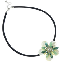 Nylon Coated Rubber Rope Necklace, with Freshwater Shell & Crystal, brass lobster clasp, with 7cm extender chain, Flower, multi-colored, 53x52x28mm, Sold Per Approx 17 Inch Strand