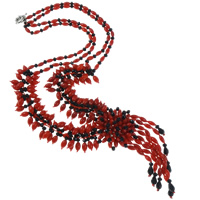 Natürliche Koralle Halskette, mit Kristall, Messing Federring Verschluss, Blume, 2 strängig & zweifarbig, 44x14mm, verkauft per ca. 22 ZollInch Strang