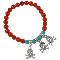 Natural Coral Bracelet, with turquoise & Tibetan Style, Skull, antique silver color plated, red, 13x24x6mm, Length:Approx 7.5 Inch, 12Strands/Bag, Sold By Bag