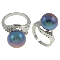 Freshwater Pearl Finger Ring, with Rhinestone & 925 Sterling Silver, dark purple, 21x31x12.50mm, Hole:Approx 16-18mm, US Ring Size:5, Sold By PC
