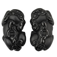 Natural Black Obsidian Pendants, Fabulous Wild Beast, carved & frosted, 20x38x15mm, Hole:Approx 3mm, 3Pairs/Lot, Sold By Lot