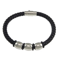 PU Leather Cord Bracelets, with Silicone & Stainless Steel, black, 10x10mm, 5mm, 18x8mm, Length:Approx 8 Inch, 10Strands/Lot, Sold By Lot