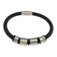 PU Leather Cord Bracelets, with Silicone & Stainless Steel, black, 6x11mm, 10x11mm, 10x11mm, 8x10mm, 6mm, 18x8mm, Length:Approx 8 Inch, 10Strands/Lot, Sold By Lot