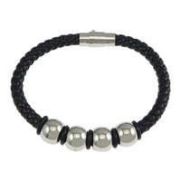 PU Leather Cord Bracelets, with Silicone & Stainless Steel, black, 9x12mm, 6mm, 18x8mm, Length:Approx 8 Inch, 10Strands/Lot, Sold By Lot