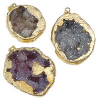 Quartz Gemstone Pendants, with Brass, Nuggets, gold color plated, mixed colors, 27-42mm, Hole:Approx 3x7mm, 20PCs/Box, Sold By Box