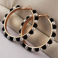 Zinc Alloy Hoop Earring with Plastic Pearl stainless steel post pin Donut gold color plated nickel lead & cadmium free Sold By Pair