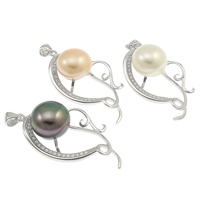 Colgantes de Perlas Freshwater, plata de ley 925, con perla, Hoja, natural, micro arcilla de zirconia cúbica, más colores para la opción, 10-11mm, 18x36x10mm, agujero:aproximado 3mm, Vendido por UD