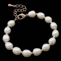 Sötvatten odlade Pearl Bracelet, Freshwater Pearl, mässing Karbinlås, med 5.5cm extender kedja, Ris, naturlig, vit, 7-8mm, Såld Per Ca 7.5 inch Strand