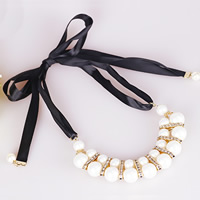 Fashion Statement Necklace Glass Pearl with rhinestone brass spacer & Satin Ribbon Round gold color plated adjustable 8-20mm Length Approx 20.5 Inch Sold By Bag