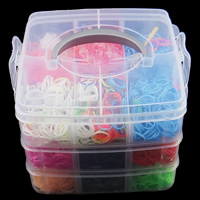 Rubber, with Plastic, with loom board & attachted crochet hook & with plastic S clip & for children, multi-colored, 15x1mm, 165x160x125mm, Approx 3600PCs/Box, Sold By Box