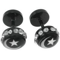 Stainless Steel Ear Piercing Jewelry, Flat Round, black ionic, different designs for choice & epoxy gel & with rhinestone, 8x12.5mm, Sold By Pair