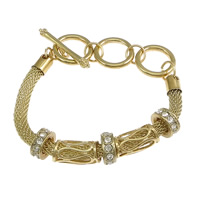 Tibetan Style Bracelet, with Iron, gold color plated, with rhinestone, nickel, lead & cadmium free, 5x13mm, 21x11.5mm, 5.5x17.5mm, 6mm, Length:Approx 9 Inch, 20Strands/Lot, Sold By Lot