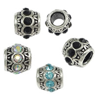Brass European Beads, Drum, antique silver color plated, without troll & with rhinestone, more colors for choice, nickel, lead & cadmium free, 10x11mm, Hole:Approx 5mm, 100PCs/Lot, Sold By Lot