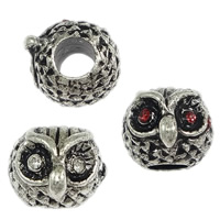 Brass Large Hole Bead, Owl, antique silver color plated, with rhinestone, more colors for choice, nickel, lead & cadmium free, 10.50x8.50mm, Hole:Approx 4mm, 200PCs/Lot, Sold By Lot