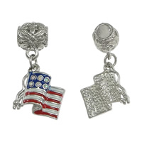 European Style Zinc Alloy Dangle Beads Brass Flag platinum color plated enamel & with rhinestone nickel lead & cadmium free 33mm Approx 4.5mm Sold By Lot