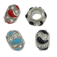 Brass Large Hole Bead, Rondelle, platinum color plated, enamel & with rhinestone, more colors for choice, nickel, lead & cadmium free, 9x13mm, Hole:Approx 6mm, 100PCs/Lot, Sold By Lot