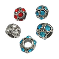 Brass European Beads, Rondelle, antique silver color plated, without troll & with rhinestone, more colors for choice, nickel, lead & cadmium free, 8.50x10mm, Hole:Approx 4.5mm, 100PCs/Lot, Sold By Lot