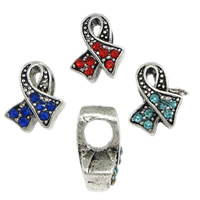 Brass, Awareness Ribbon, antique silver color plated, without troll & with rhinestone, more colors for choice, nickel, lead & cadmium free, 11x13x7mm, Hole:Approx 4.5mm, 100PCs/Lot, Sold By Lot