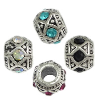 Brass European Beads, Rondelle, antique silver color plated, without troll & with rhinestone, more colors for choice, nickel, lead & cadmium free, 8.50x12mm, Hole:Approx 5mm, 200PCs/Lot, Sold By Lot