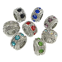 Brass European Beads, Rondelle, platinum color plated, without troll & with rhinestone, more colors for choice, nickel, lead & cadmium free, 7x10mm, Hole:Approx 5mm, 200PCs/Lot, Sold By Lot