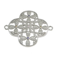 925 Sterling Silver Connectors, Flower, micro pave cubic zirconia & 1/1 loop, 34.50x28x3.50mm, Hole:Approx 2mm, 2PCs/Lot, Sold By Lot