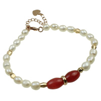 Freshwater Pearl Bracelet, with Jade, brass lobster clasp, with 5cm extender chain, Rice, natural, white, 6-7mm, Sold Per Approx 7.5 Inch Strand