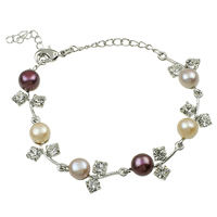 Bracelet en perles de culture d'eau douce, laiton, avec perle, avec 4cm chaînes de rallonge, Placage de couleur platine, avec strass, protéger l'environnement, sans nickel, plomb et cadmium, 8x7mm, Vendu par Environ 6.5 pouce brin