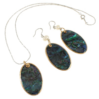 Abalone Shell Jewelry Set, earring & necklace, with brass chain & pearl, brass earring hook, Flat Oval, plated, Boston chain, 26x65x2mm, 25x43x2mm, Length:Approx 16.5 Inch, Sold By Set