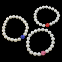 Plastic Bracelet, with Rhinestone Clay Pave Bead, Round, beaded bracelet & with 42 pcs rhinestone & imitation pearl, more colors for choice, 8-9mm, Length:Approx 7 Inch, 10Strands/Bag, Sold By Bag