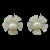 Freshwater Shell Stud Earring, with Freshwater Pearl, brass post pin, Flower, natural, white, 10x15mm, 10Pairs/Bag, Sold By Bag