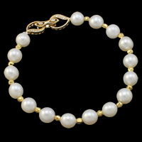 Bracelet en perles de culture d'eau douce, perle d'eau douce cultivée, laiton boucle déployante, Rond, naturel, avec strass, blanc, 7-8mm, Vendu par Environ 5.5 pouce brin