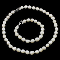 Freshwater Pearl Jewelry Set, bracelet & necklace, brass foldover clasp, Baroque, natural, white, 10-11mm, Length:Approx 8 Inch, Approx 18 Inch, Sold By Set