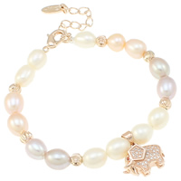 Freshwater Cultured Pearl Bracelet, Freshwater Pearl, brass lobster clasp, with 5.8cm extender chain, Elephant, natural, micro pave cubic zirconia, multi-colored, 7-8mm, 16x18x8mm, Sold Per Approx 7.5 Inch Strand