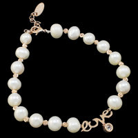 Sötvatten odlade Pearl Bracelet, Freshwater Pearl, mässing Karbinlås, med 4cm extender kedja, ordet kärlek, naturlig, med strass, vit, 7-8mm, Såld Per Ca 7.5 inch Strand