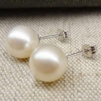 Freshwater Pearl Stud Earring with Brass Round natural white 9-9.5mm Sold By Pair