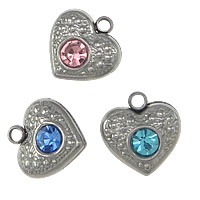 Stainless Steel Heart Pendants, with rhinestone, more colors for choice, 12x12.50x5.50mm, Hole:Approx 2mm, 200PCs/Lot, Sold By Lot