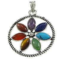 Gemstone Pendants Jewelry, with Tibetan Style, Flat Round, platinum color plated, blacken, nickel, lead & cadmium free, 40x47x5mm, Hole:Approx 4x6mm, 20PCs/Lot, Sold By Lot