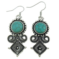Tibetan Style Drop Earring, with turquoise, iron earring hook, antique silver color plated, nickel, lead & cadmium free, 18x52x5.50mm, 10Bags/Lot, 12/Bag, Sold By Lot