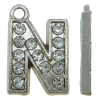 Tibetan Style Alphabet and number Pendants, Letter N, platinum color plated, with rhinestone, 12x18x2mm, Hole:Approx 2mm, 100PCs/Bag, Sold By Bag