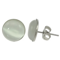 Stainless Steel Stud Earrings, with Cats Eye, Flat Round, original color, 11x11x4mm, 100Pairs/Lot, Sold By Lot