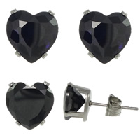 Stainless Steel Stud Øreringe, Heart, med cubic zirconia & facetteret, flere farver til valg, 8x8x6mm, 50par/Lot, Solgt af Lot