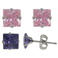 Stainless Steel Stud Earrings Square with cubic zirconia Sold By Lot