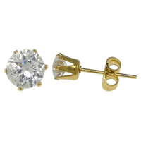 Stainless Steel Stud Earrings, gold color plated, with cubic zirconia, 5x5x5mm, 100Pairs/Lot, Sold By Lot
