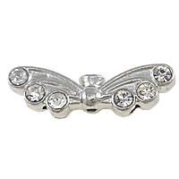 Rhinestone Brass Beads, Wing Shape, platinum color plated, with rhinestone, nickel, lead & cadmium free, 22x7x4mm, Hole:Approx 1.5mm, 200PCs/Lot, Sold By Lot