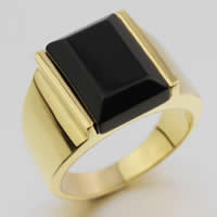 Палец кольцо из нержавеющей стали, нержавеющая сталь, с Черный агат, Прямоугольная форма, плакирован золотом, разный размер для выбора & граненый, 15mm, 5ПК/сумка, продается сумка