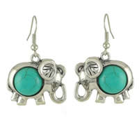 Tibetan Style Drop Earring, with turquoise, brass earring hook, Elephant, antique silver color plated, with rhinestone, nickel, lead & cadmium free, 22x27mm, 5Pairs/Bag, Sold By Bag