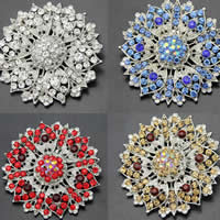 Rhinestone Brooch, Tibetan Style, Flower, platinum color plated, with rhinestone, mixed colors, nickel, lead & cadmium free, 52.5mm, 10PCs/Bag, Sold By Bag