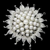Broche perle de verre, alliage de zinc, avec perle de verre, fleur, Placage de couleur platine, protéger l'environnement, sans nickel, plomb et cadmium, 52mm, 25PC/sac, Vendu par sac