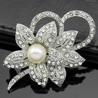 Glass Pearl Brooch, Tibetan Style, with Glass Pearl, Flower, platinum color plated, with rhinestone, nickel, lead & cadmium free, 40x50mm, 10PCs/Bag, Sold By Bag