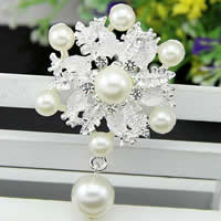 Glass Pearl Brooch Zinc Alloy with Glass Pearl Flower silver color plated with rhinestone nickel lead & cadmium free 60.5mm Sold By Bag
